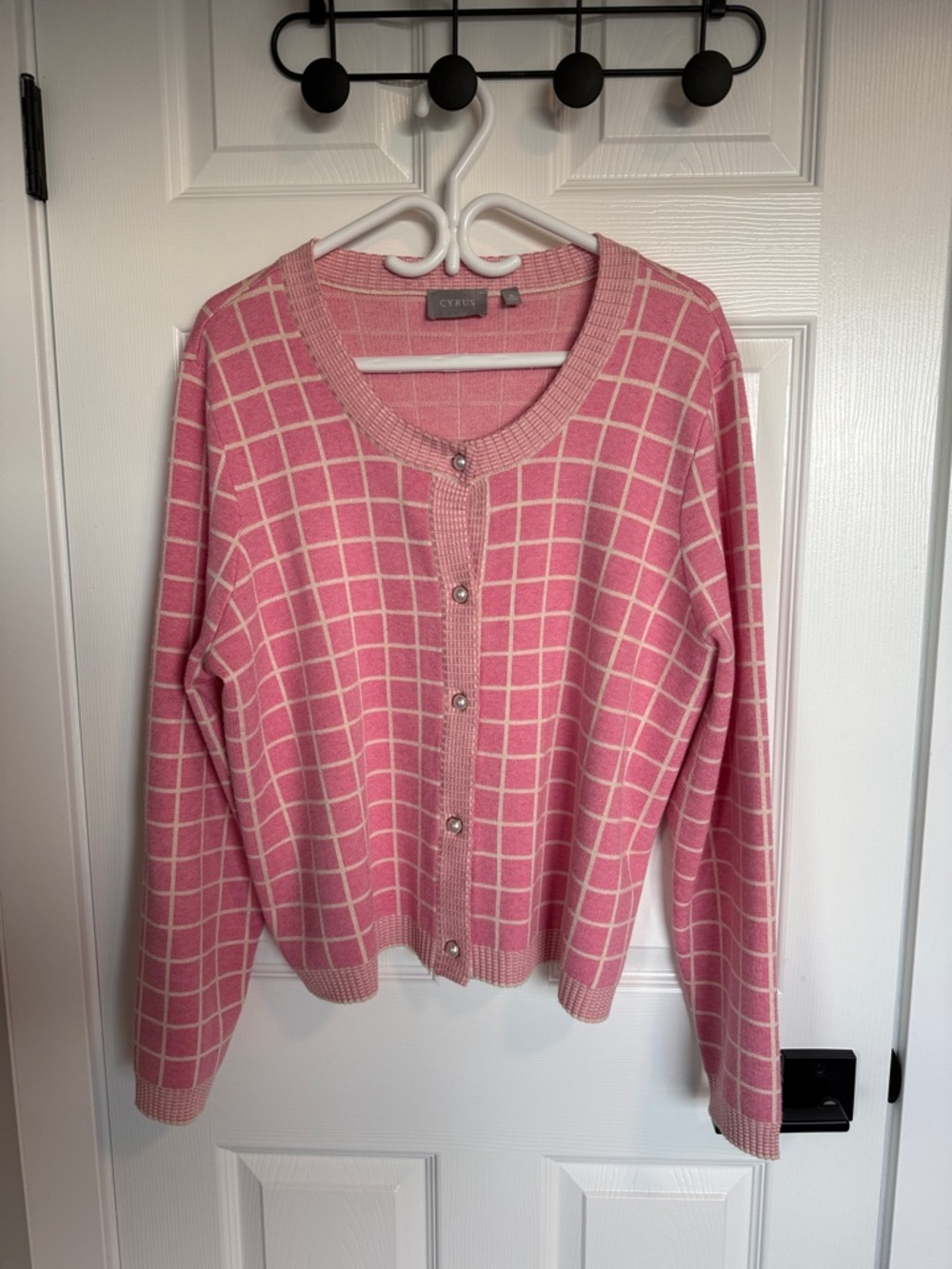 Cyrus Pink Grid-Check Button Cardigan